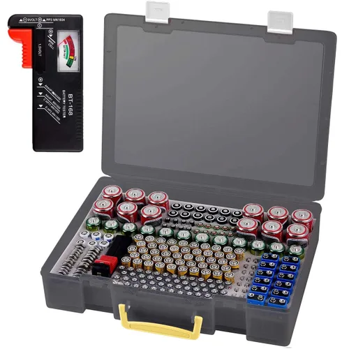 Organizador de baterías - Caja de contenedores con comprobador BT-168. Organización de garaje con capacidad para 225 baterías AA AAA C D Cell 9V 3V