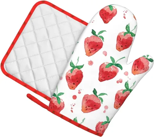 Miniatura 5 de Manoplas de horno de fresa, juegos de soportes para ollas de fresa, almohadillas calientes resistentes a la cocina con guantes de barbacoa