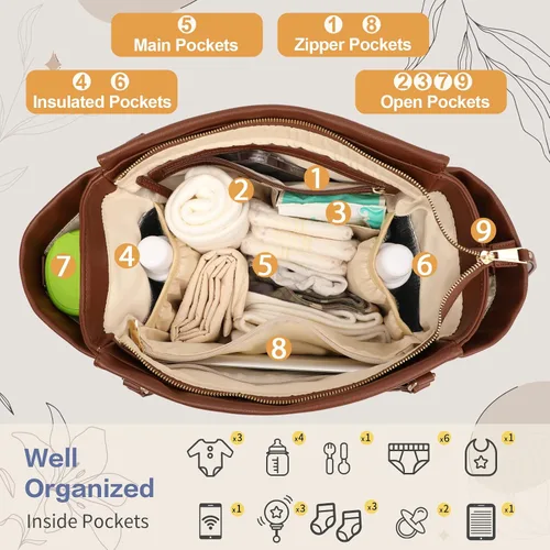 Miniatura 5 de miss fong Bolso de pañales tipo mochila de cuero, bolso grande para mamá, bolsa hospitalaria, 12 bolsillos, bolso de viaje para pañales con Marrón