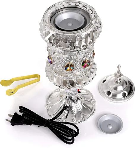 Miniatura 2 de ATTAR MIST Quemador de incienso eléctrico - Quemador de resina de incienso Oud - Carrusel intrincado grande Mabkhara Silver Plata