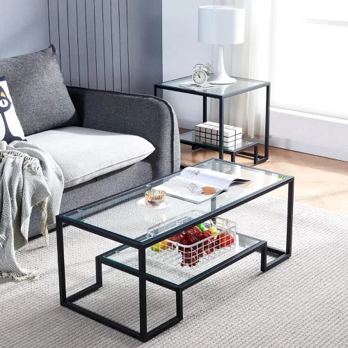 Mesa de centro de cristal de metal negro, mesa de centro simple para sala de estar, hogar, mesa de centro con marco de metal con 2 estantes, mesa