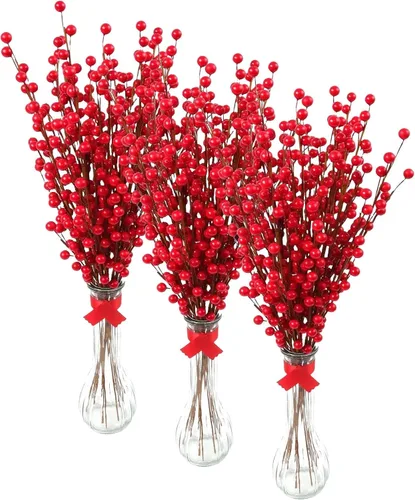 Miniatura 3 de Larksilk 12 tallos artificiales en aerosol de rosa de bayas rojas – Bayas de acebo para decoración de Navidad, manualidades, vacaciones y decoración