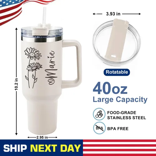 Miniatura 2 de ThermoThrill Se envía al día siguiente, vaso personalizado de 40 onzas con asa y pajita Vaso personalizado con texto Taza de acero inoxidable