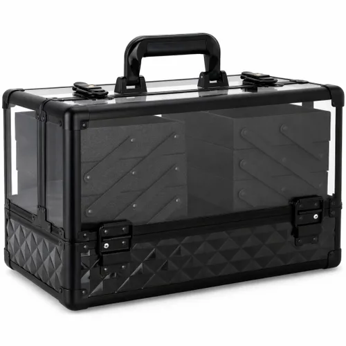 Ver Beauty Estuche de tren de maquillaje de diamante negro con 6 bandejas de acordeón, organizador de cosméticos con cerradura con interior