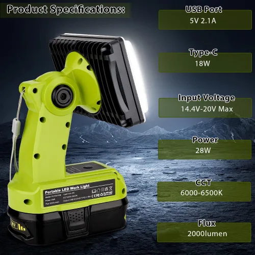Miniatura 5 de Choerinton Luz de trabajo compatible con batería Ryobi de 18 V, luz de 18 W, portátil, inalámbrica, con puerto de carga USB, reflector LED