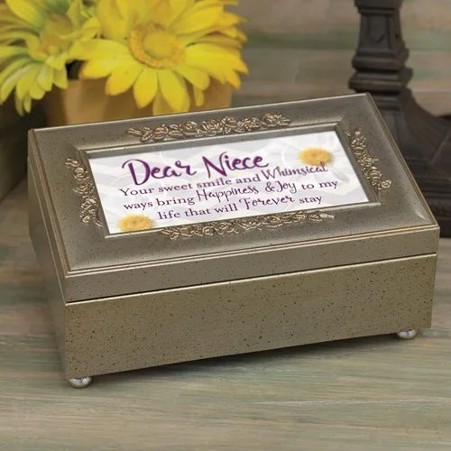 Miniatura 6 de Cottage Garden Caja de música pequeña con diseño de rosa en relieve en tono plateado con texto en relieve de sobrina Sweet Smile Bring Joy Plays You