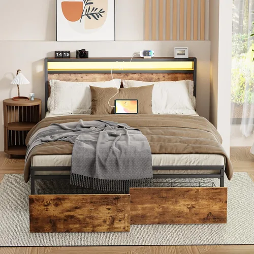 Miniatura 14 de Zevemomo - Base de cama completa con estación de carga, puertos USB y enchufes, base de plataforma tamaño completo con cabecera, base de cama sin