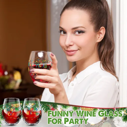 Miniatura 7 de 2 copas de vino sin tallo, taza divertida de 17 onzas con texto en inglés «Merry Christmas & New Year» – Regalos para mujeres, hombres, mamá, papá