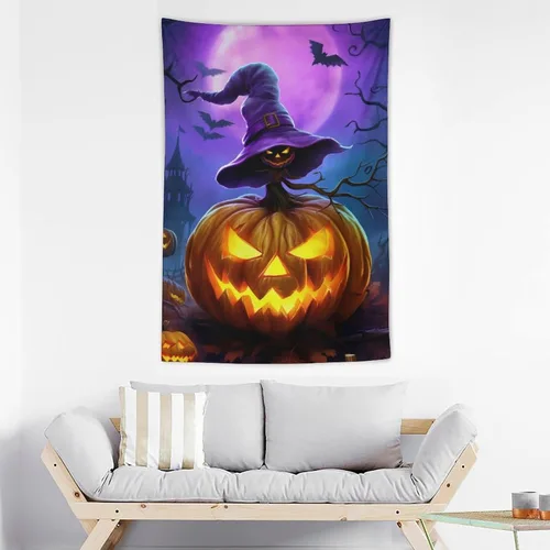 Miniatura 3 de josnmre Tapiz morado con diseño de murciélago y fantasía, fantasma, para colgar en la pared, divertido tapiz de pared de calabaza para dormitorio
