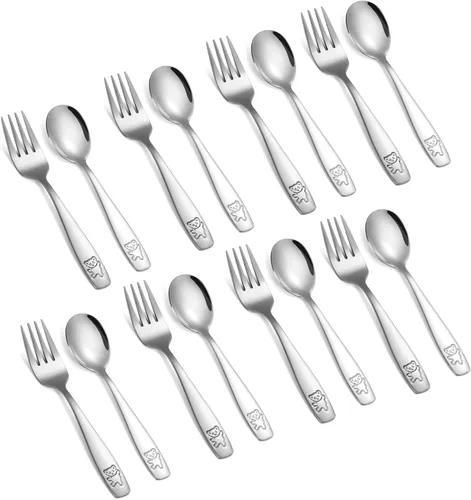 Juego de cubiertos de 16 piezas para niños pequeños, tenedores y cucharas de acero inoxidable para niños, juego de cubiertos de metal seguro para