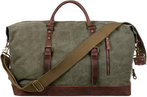 S-ZONE - Bolsa de viaje de lona sobredimensionada con adornos de cuero genuino, bolsa deportiva de hombro de fin de semana, bolso de fin de semana