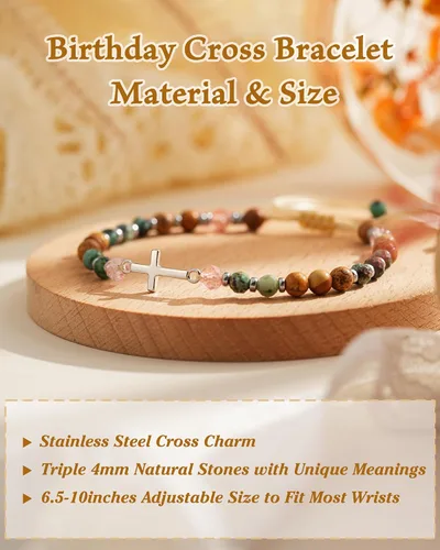 Miniatura 4 de Pulsera de cruz para niñas de 10, 13, 16 años, regalos de cumpleaños, piedra natural, joyería cristiana ajustable con tarjeta inspiradora para hija