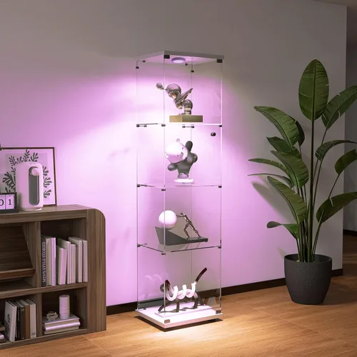 Miniatura 5 de Vitrina de cristal con luces y cerradura, vitrina Curio de 4 niveles con puerta de cristal, escaparate de pie para sala de estar, dormitorio, Blanco