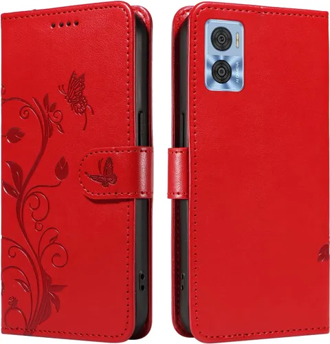 Funda para Motorola Moto E22/E22i, piel sintética, con tarjetero y correa para la muñeca, a prueba de golpes, funda magnética para Motorola Moto Rojo