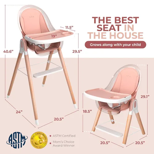 Miniatura 5 de Silla alta de Children Of Design - Trona de bebé 6 en 1 no reclinable para bebés y niños pequeños, de madera moderna, fácil de limpiar, bandeja Rosa