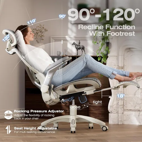 Miniatura 7 de ELABEST X100 Silla de oficina ergonómica con reposapiés, silla de escritorio grande y alta con brazos abatibles 5D, soporte lumbar 3D ajustable