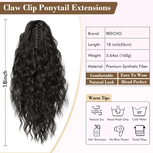 Miniatura 2 de REECHO Extensión de cola de caballo, extensión de cola de caballo de 18 pulgadas con clip de garra para mujer, extensiones de cabello largo, rizado