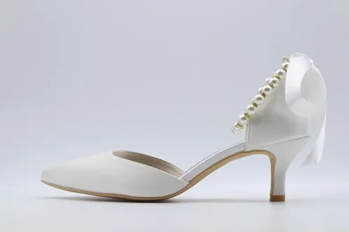 Miniatura 7 de Pointed Toe Pearl Satin Wedding Shoes for Bride Low Heel Bridal Shoes for Women Satin Heels Prom Party Shoes 1608-28