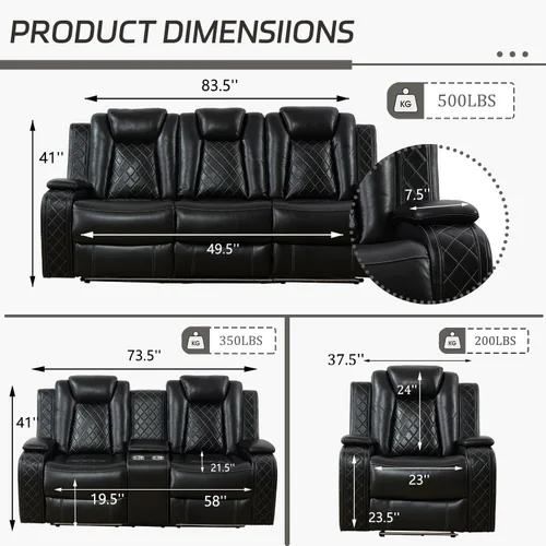 Miniatura 2 de Juego de sofá reclinable eléctrico con LED, juego de sofá de cuero transpirable para sala de estar, juego de sofá reclinable con puerto USB, Negro