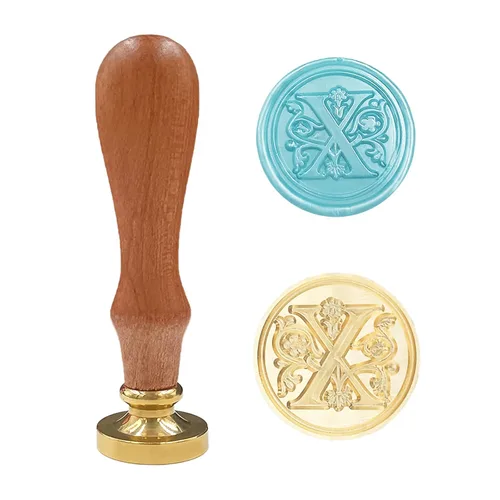 Miniatura 27 de Sello clásico de cera para sellar varios alfabetos, cabeza de latón, mango de madera, sellos para tarjeta/sobre/regalo (sello, letra V)