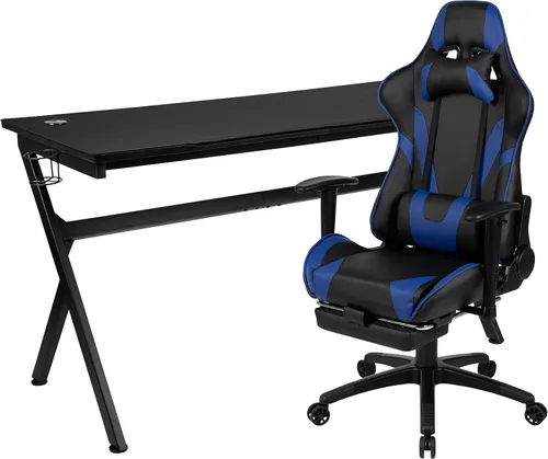 Miniatura 72 de Flash Furniture Juego de escritorio para juegos negro y silla de carreras blanco/negro con soporte para tazas, gancho para auriculares y soporte