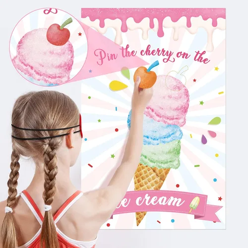 Miniatura 3 de Hxezoc Pin The Cherry On The Ice Cream Game con 36 calcomanías de cerezas, póster grande de juegos de fiesta de helado para niños, fiesta