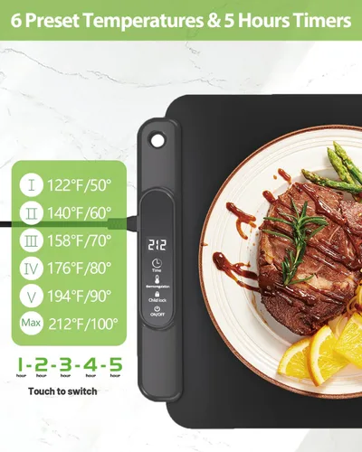 Miniatura 2 de Bandeja eléctrica para calentar alimentos: almohadilla térmica de silicona YTLAD con 6 niveles de temperatura ajustable y temporizador de 5 horas