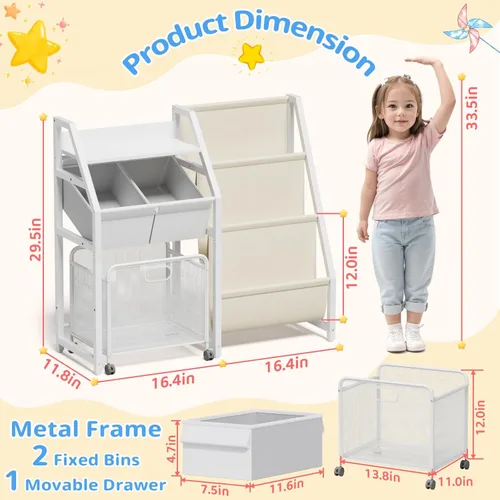Miniatura 2 de Estantería para niños y organizador de almacenamiento de juguetes, estante de 3 niveles para habitaciones de niños con cajón móvil, estantería