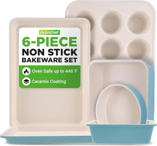 NutriChef Juego de 6 moldes para hornear, de acero al carbono de alta calidad con revestimiento antiadherente de cerámica duradero, incluye bandeja