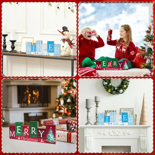 Miniatura 5 de Decoraciones de mesa de Navidad, centros de mesa de invierno de madera, Feliz Navidad, reversible, patrón de doble cara, letrero de pie para mesa