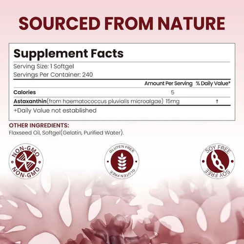 Miniatura 3 de Astaxantina de 15 mg 240 cápsulas blandas Suplementos de astaxantina Suministro para 8 meses Apoyo antioxidante, salud de los ojos y la piel
