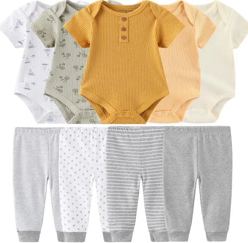 Miniatura 40 de Conjunto de canastilla para bebé, 9 piezas, conjunto de mamelucos y pantalones, conjunto de regalo unisex para bebé
