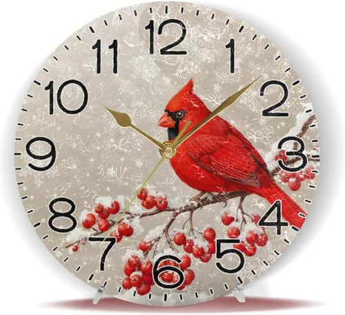 Miniatura 6 de ALAZA Reloj de pared de copo de nieve de pájaro rojo, funciona con pilas, silencioso, de cuarzo, analógico, rústico, rústico, reloj redondo, Rojo