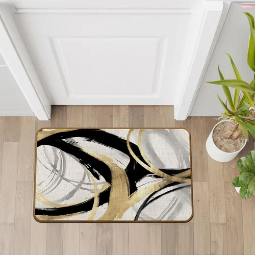 Miniatura 5 de Tapete abstracto bohemio negro y dorado, moderno, negro, blanco y dorado, antideslizante, para puerta delantera, porche, interior, exterior