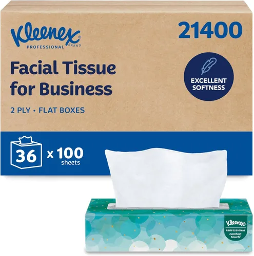 Kleenex Pañuelo facial profesional, a granel (21400), 2 capas, blanco, formato de caja plana, diseñado para negocios (100 tejidos/caja, 36 cajas,