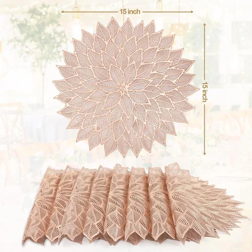 Miniatura 5 de Juego de 8 manteles individuales, manteles individuales redondos calados con flores para mesa de comedor, manteles de mesa de vinilo prensado