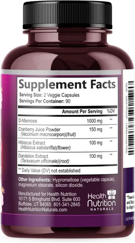 Miniatura 9 de Suplemento de D-manosa – 1,000 mg de manosa de D por porción con arándano, hibisco y diente de león – Soporte urinario natural y de acción rápida