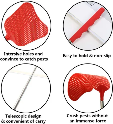 Miniatura 3 de Matamoscas extensible, juego de matamoscas de plástico duradero, matamoscas telescópico con mango de acero inoxidable para interior/aula/oficina