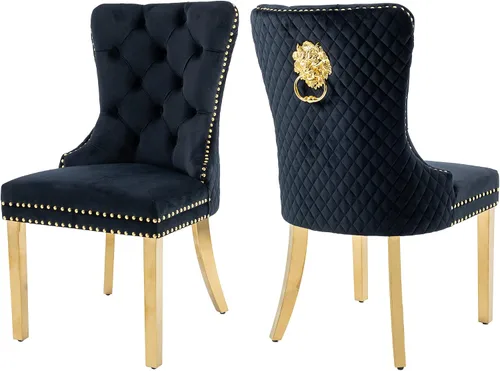 Miniatura 13 de Civama Juego de 2 sillas de comedor, elegantes sillas de comedor de terciopelo capitonado de lujo con patas doradas y adornos de clavos, tirador