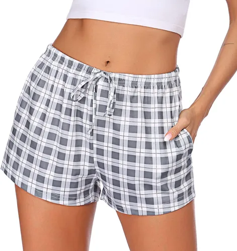 Ekouaer - Pantalones cortos de pijama para mujer con bolsillos elásticos y tira elástica, para dormir, con cordón