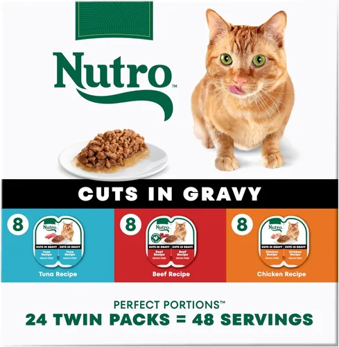 Nutro Perfect Portions - Paquete múltiple de cortes de comida húmeda para gatos en salsa, recetas de carne de res húmeda, atún y pollo, bandejas de