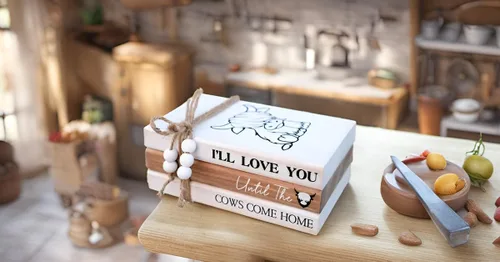 Miniatura 5 de LIVDUCOT Highland Cow Wood Book Stacks Decor – Letrero decorativo rústico de granja para el hogar, mesa de café, manto, chimenea, estantes – I'll