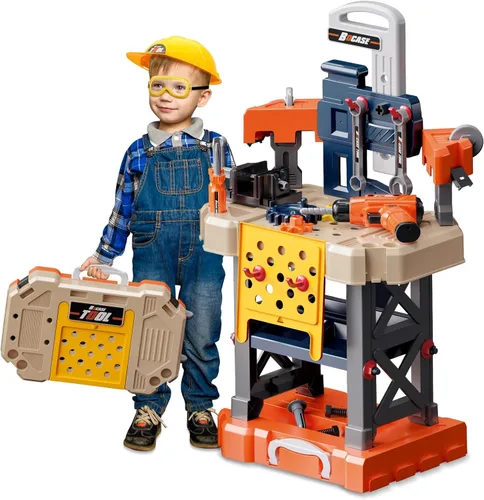 Miniatura 8 de Banco de herramientas para niños - Banco de trabajo de juguete con taladro eléctrico, accesorios de herramientas de juguete y chaleco