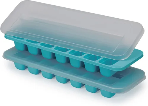 Miniatura 2 de Joseph Joseph Flow - Bandeja para cubitos de hielo fácil de llenar con tapa, apilable, gran capacidad de 14 cubos (paquete de 2), color azul