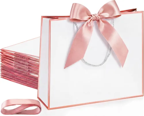 Miniatura 25 de Silkfly 12 bolsas de regalo con asas para dama de honor, 12 x 10 x 4 pulgadas, elegantes bolsas de regalo de bienvenida de boda con lazo para Rosa