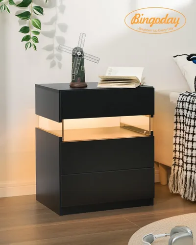 Miniatura 7 de Bingoday Juego de 2 mesitas de noche LED para dormitorio, juego de 2 mesitas de noche modernas con 3 cajones, mesa auxiliar para dormitorio
