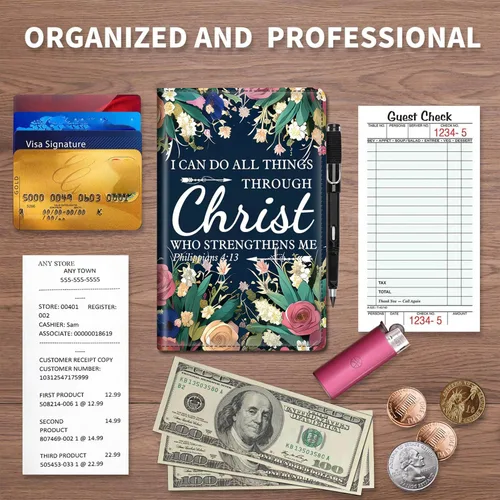 Miniatura 5 de RYUITHDJP Libro de mesera, libros de camarera con bolsillo con cremallera, diseño de flores cristianas, organizador de libros para servir