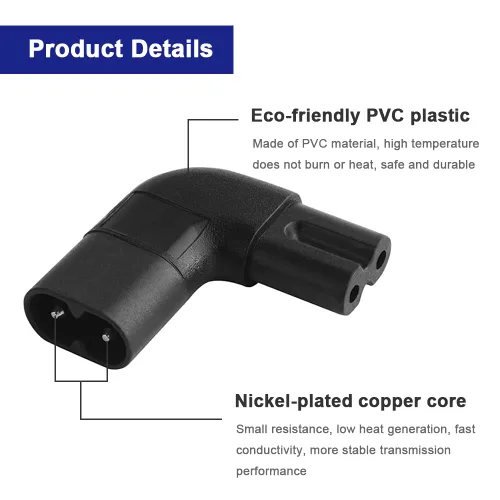 Miniatura 4 de Adaptador de CA de ángulo recto IEC320 C7 a C8, 90 grados C7 hembra a C8 macho 2 pines figura 8 convertidor de enchufe de alimentación de CA, negro