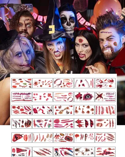 Miniatura 6 de Tatuajes de Halloween, 30 hojas de tatuaje temporal, tatuajes realistas de Halloween, cicatrices de zombies, tatuajes falsos sangrantes para heridas