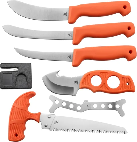Miyake Juego de cuchillos de caza de ciervos, 9 piezas de kit de aderezo de campo con caja portátil, cuchillo de desollador, cuchillo de carnicero,